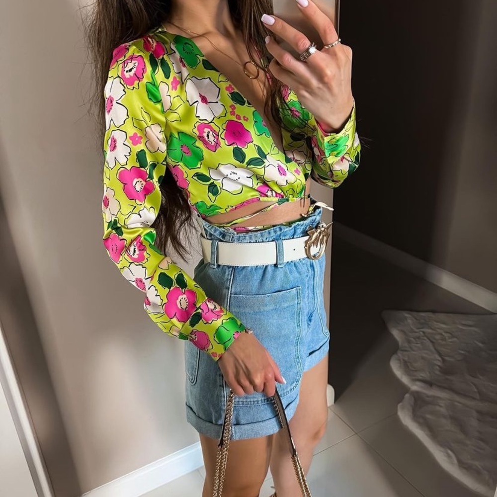 Zara Lime Green Floral Wrap Crop Top with Pink & White Flowers